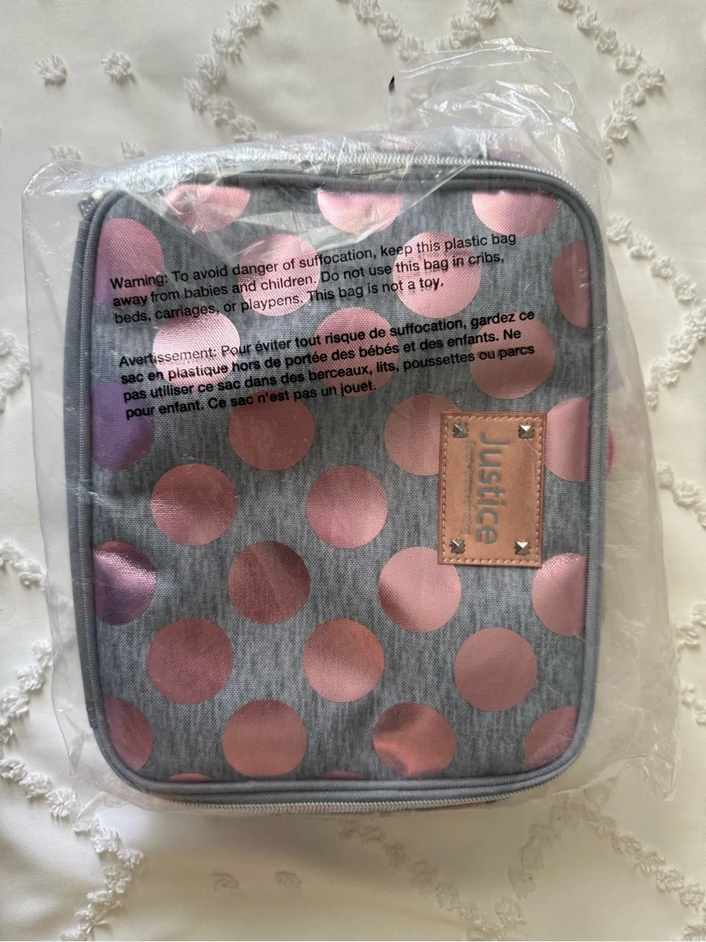 Justice Lunch Box with Pink Metallic Polka Dots